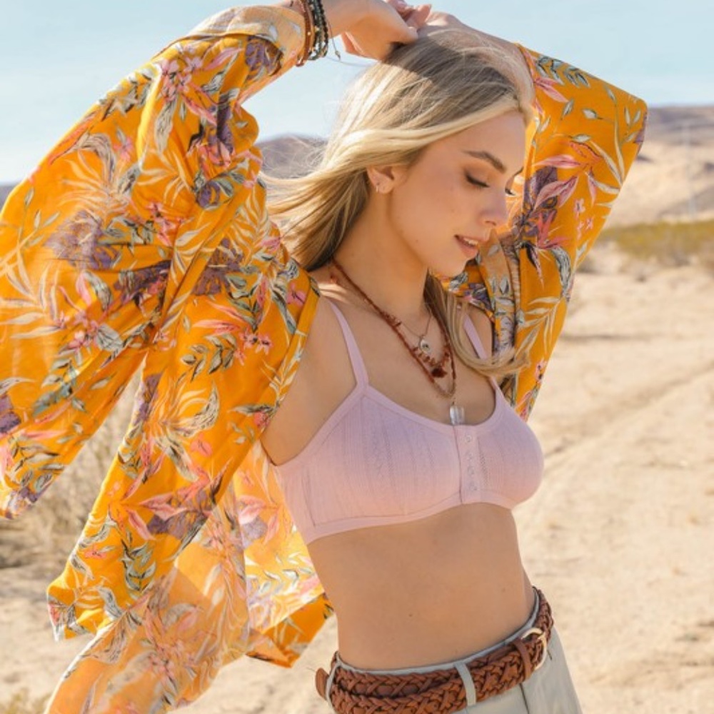Boho Floral Tropical Leaves Open Front Ruffle Sleeve Kimono Cover up - Picture 1 of 3